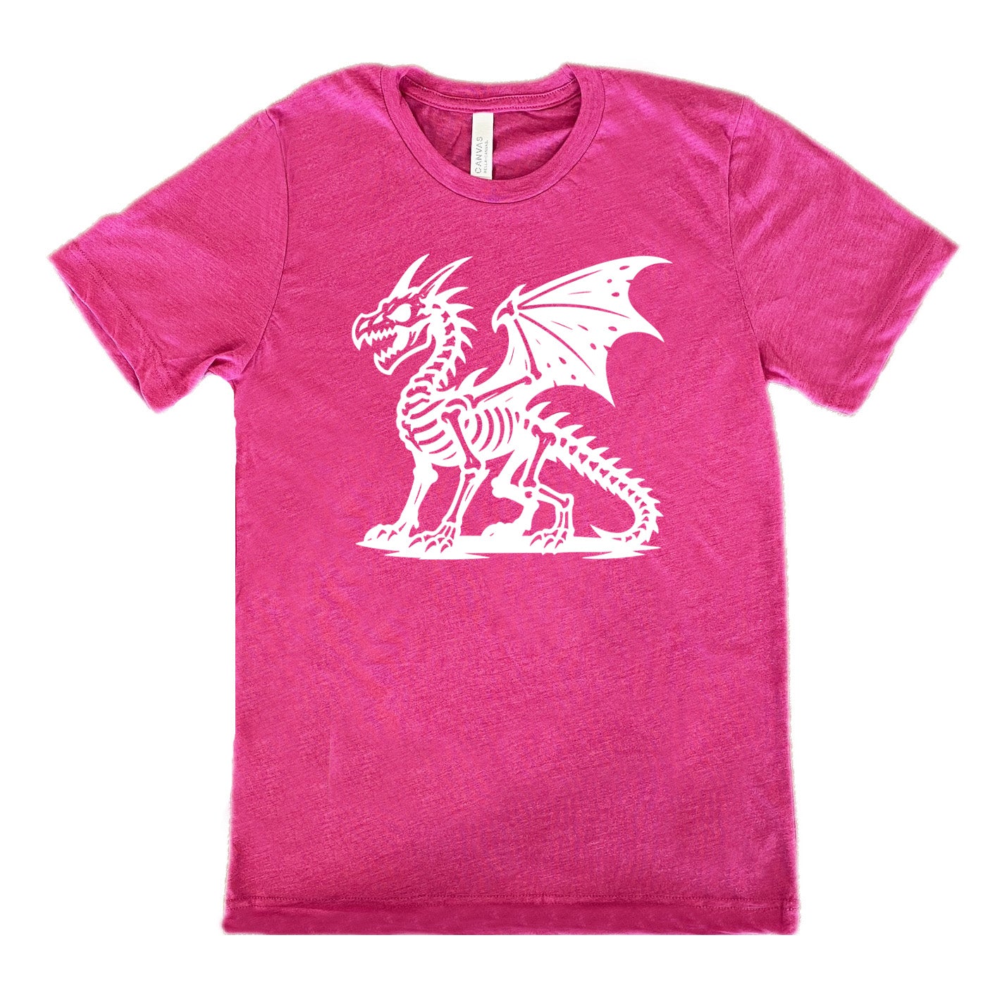 berry unisex tee with the large graphic of a dragon, and its body is its skeleton