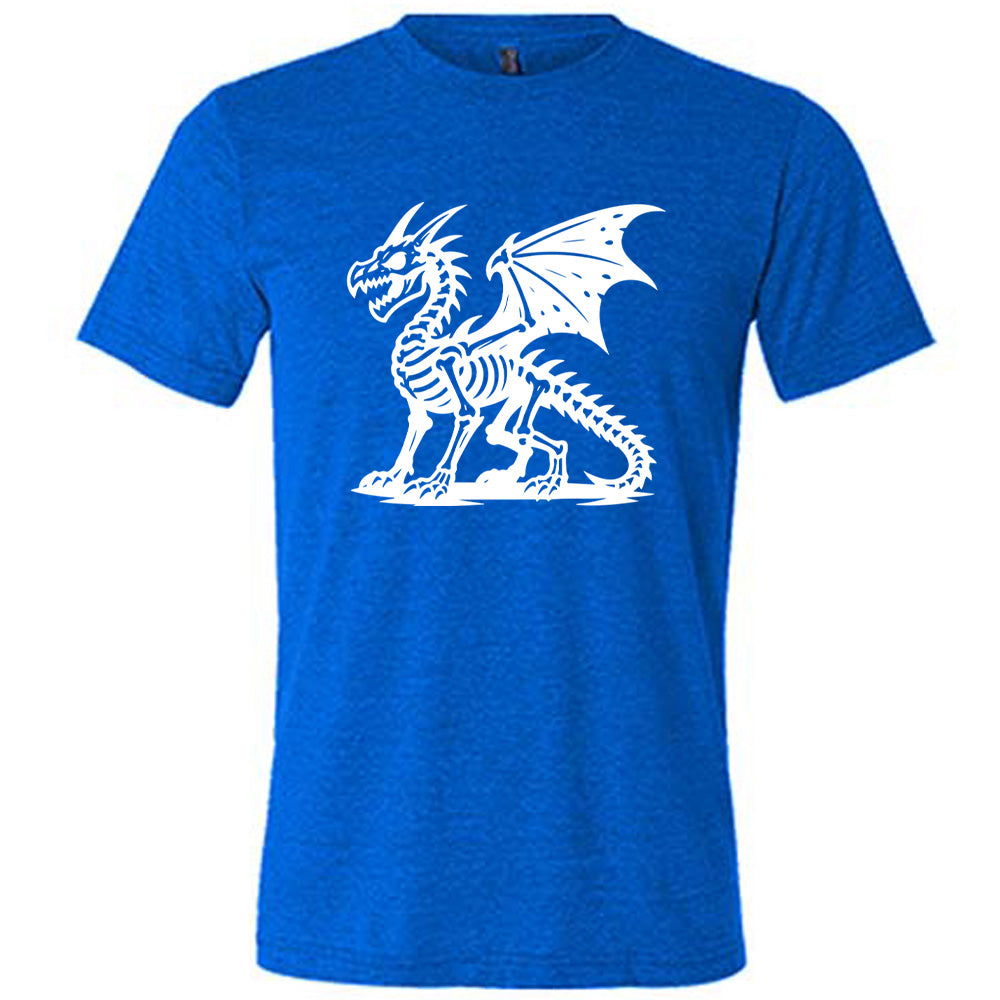 blue unisex tee with the large graphic of a dragon, and its body is its skeleton