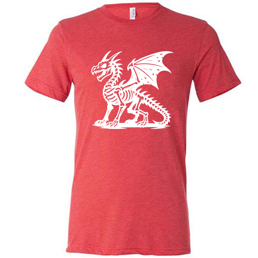 red unisex tee with the large graphic of a dragon, and its body is its skeleton