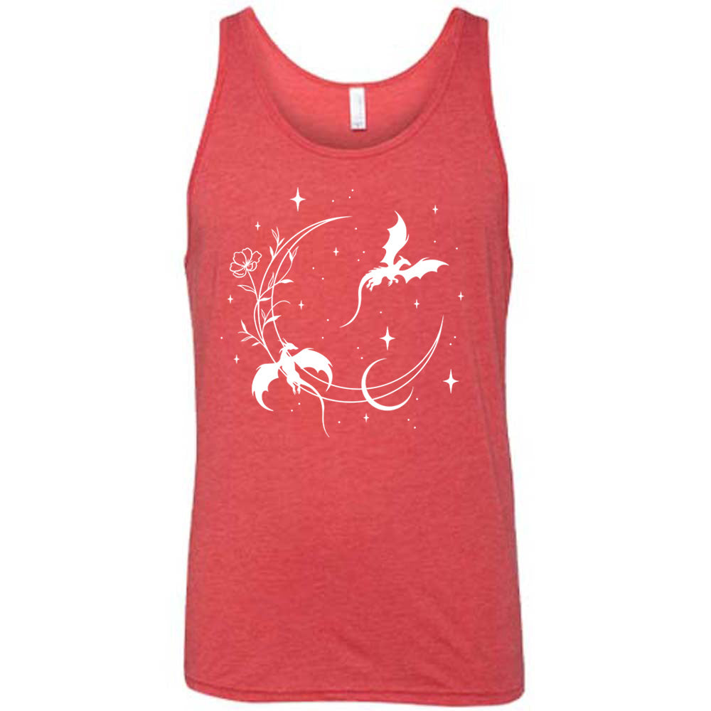 red unisex tank with the graphic of a large crescent moon, with a flower lining it, two dragons flying, another smaller moon, and many small stars