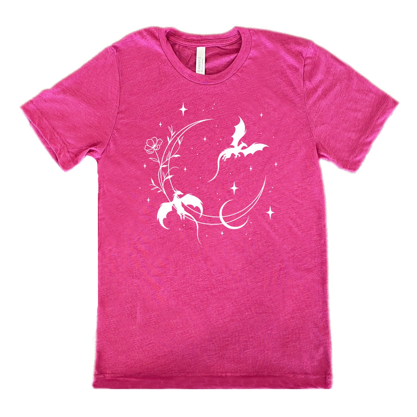 berry unisex tee with the graphic of a large crescent moon, with a flower lining it, two dragons flying, another smaller moon, and many small stars