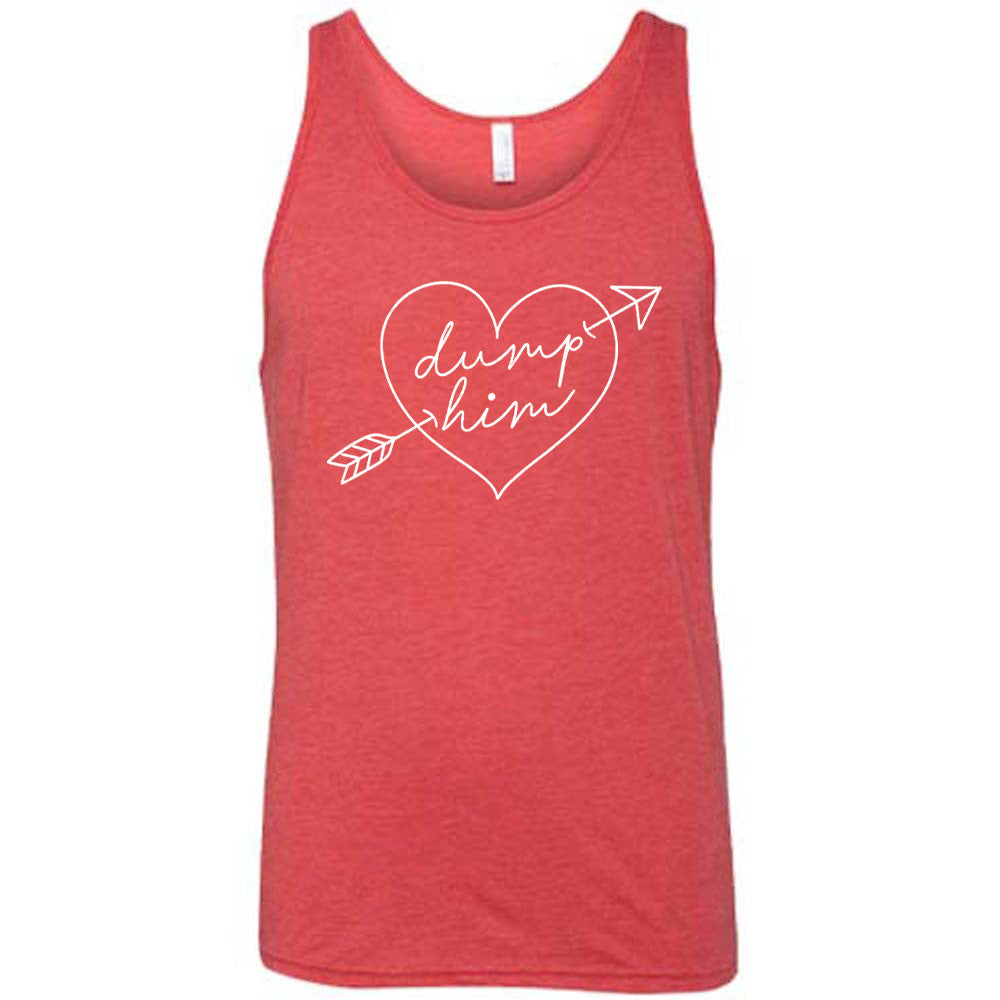 red unisex tank with the words "dump him" inside of a heat with a cupid's bow through it