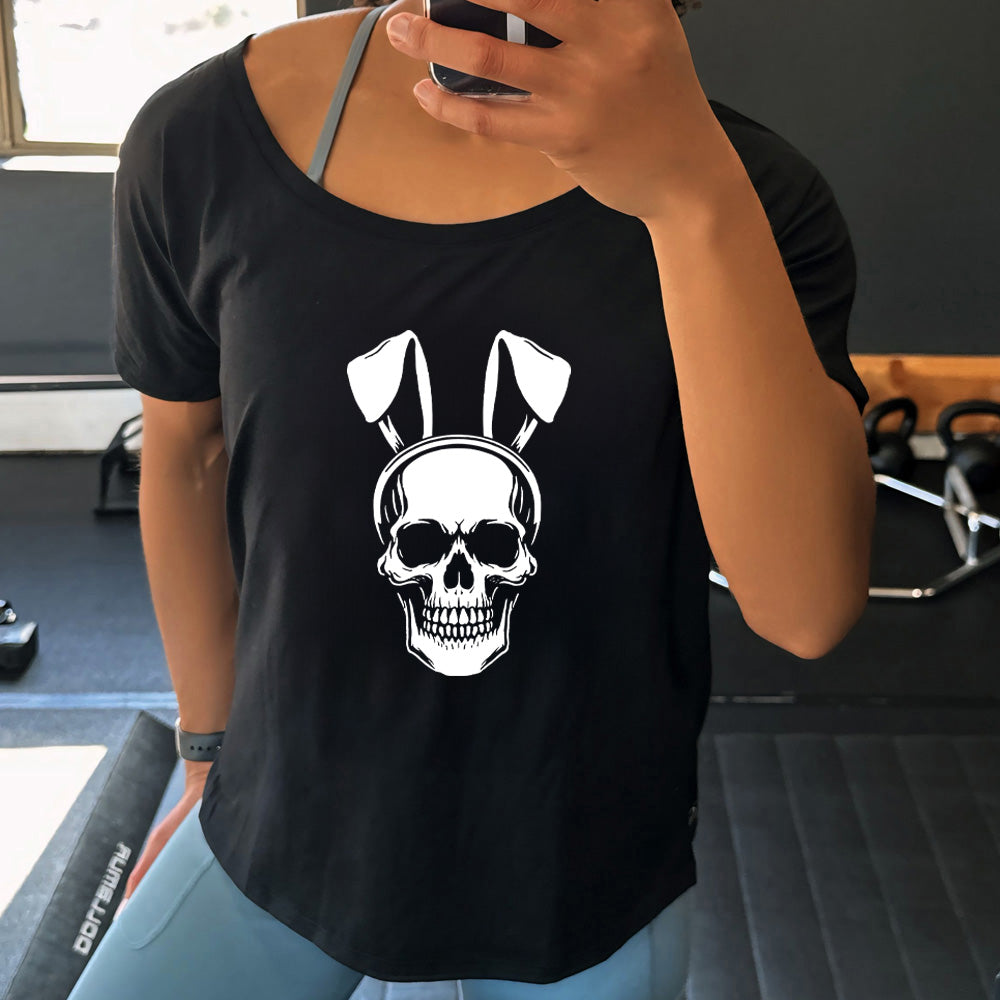Black colored shirt with a skull wearing bunny ears graphic on it