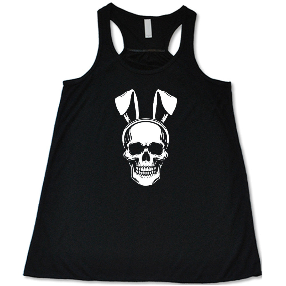 Black colored flowy tank with a skull wearing bunny ears graphic on it