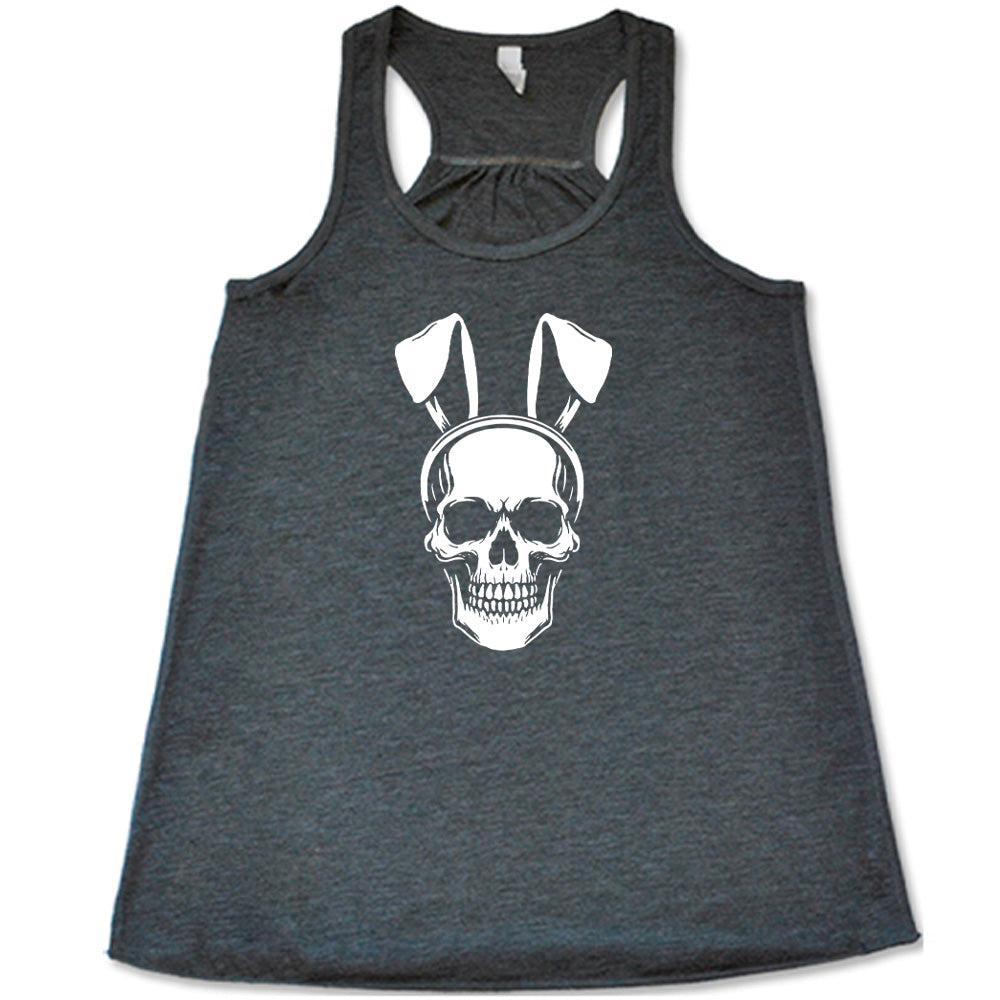 Grey colored flowy tank with a skull wearing bunny ears graphic on it