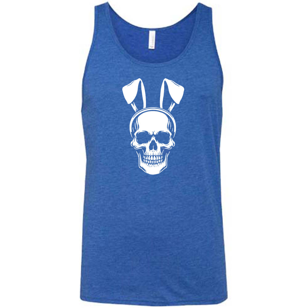 Blue colored tank with a skull wearing bunny ears graphic on it