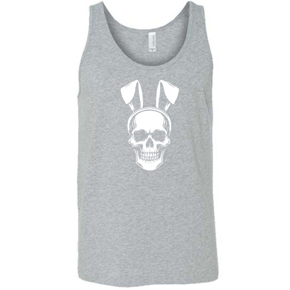 Grey colored tank with a skull wearing bunny ears graphic on it