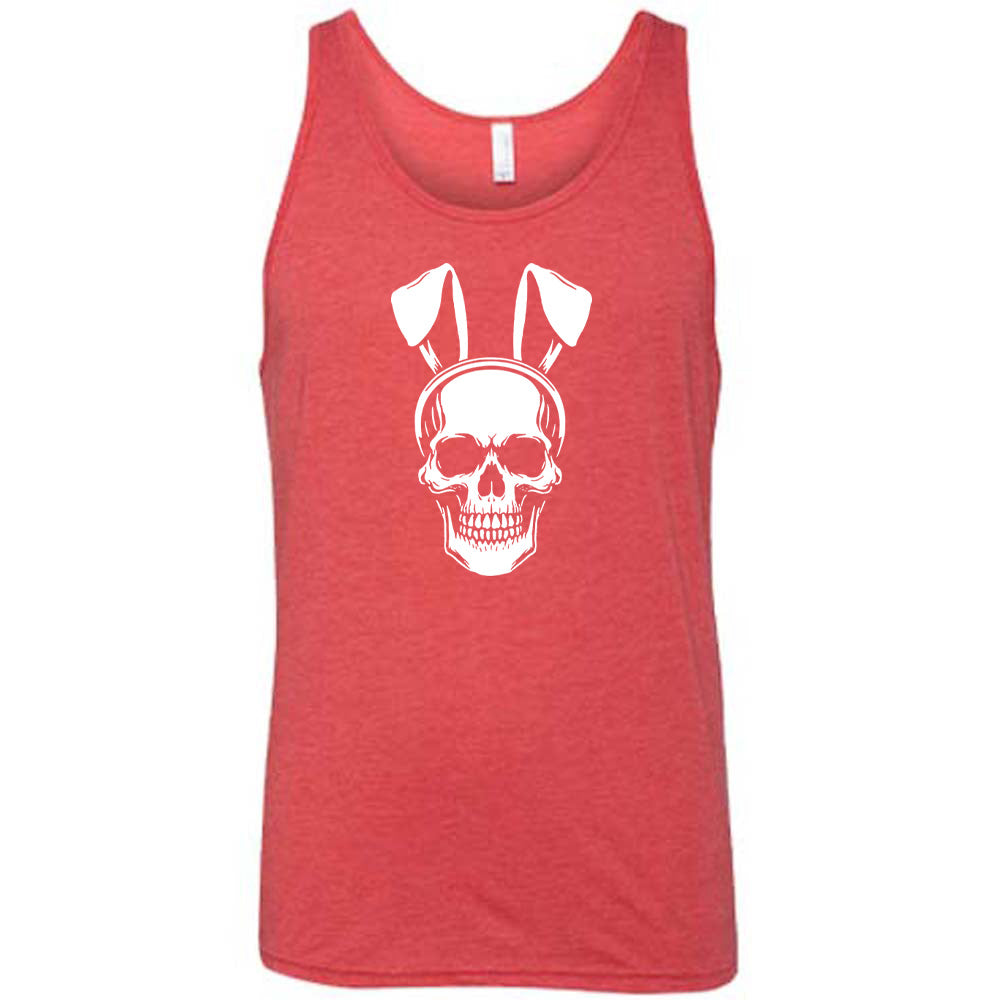Red colored tank with a skull wearing bunny ears graphic on it