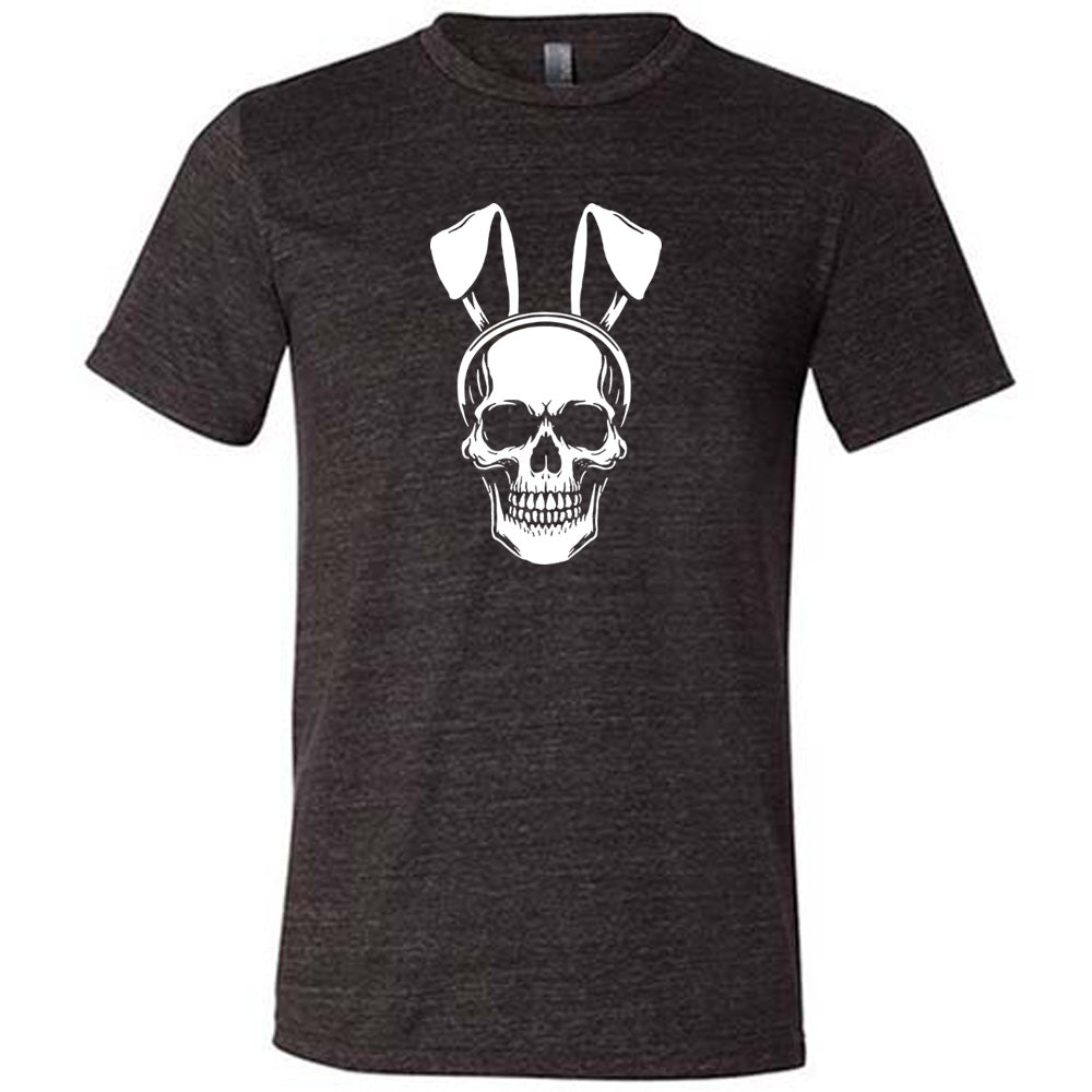 Black colored shirt with a skull wearing bunny ears graphic on it