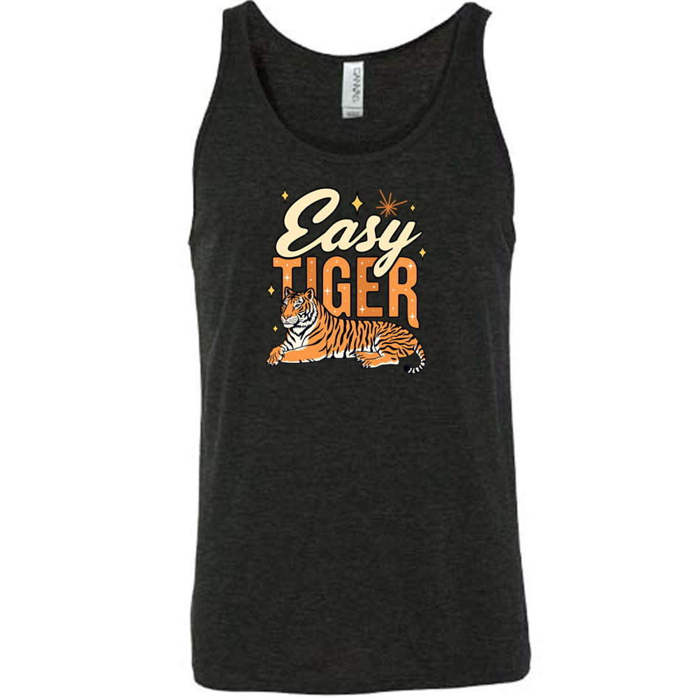 Black colored tank with a tiger graphic on it that says "Easy Tiger"