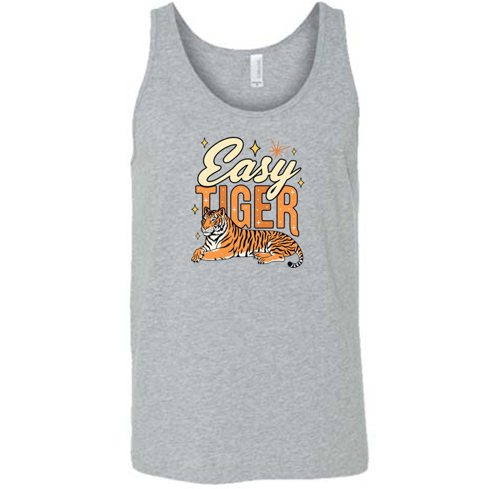 Grey colored tank with a tiger graphic on it that says "Easy Tiger"