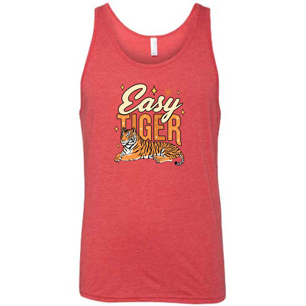 Red colored tank with a tiger graphic on it that says "Easy Tiger"