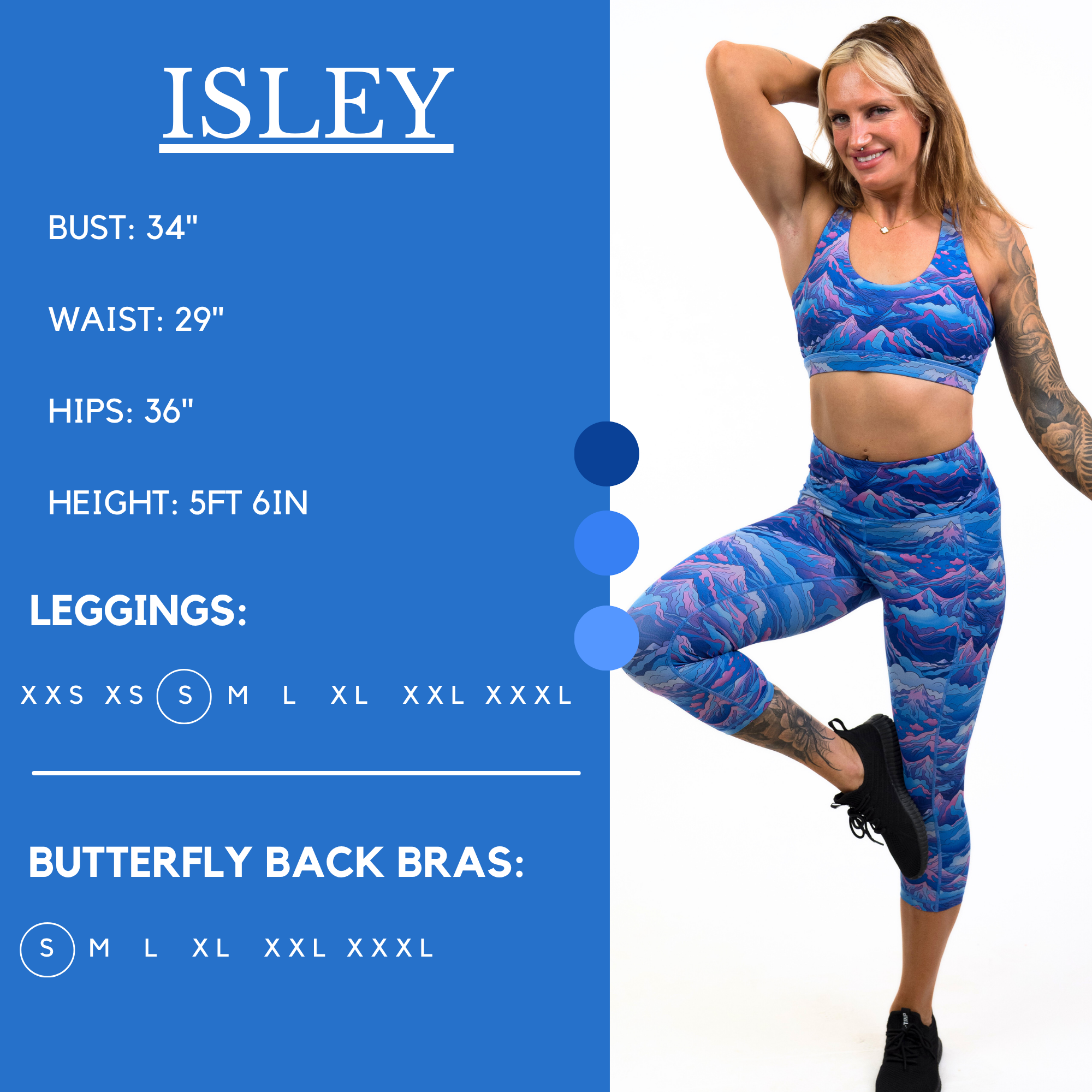 Model’s measurements of 34” bust, 29” waist, 36” hips and height of 5 ft 6 inches. She is wearing a size small in our leggings