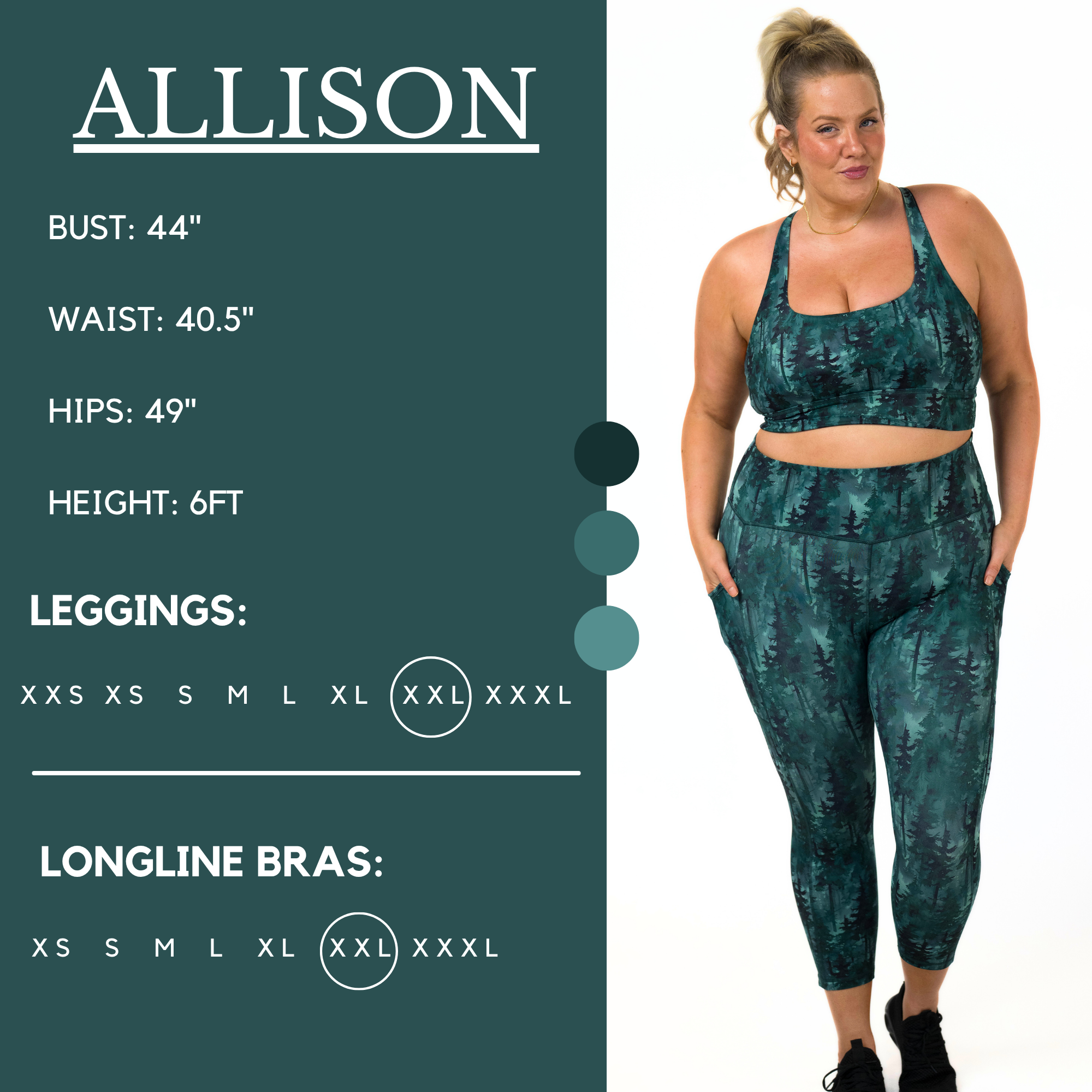 Model's measurements of 44 inch bust, 40.5 inch waist, 49 inch hips, and height of 6 foot. She is wearing a size xx-large in our leggings