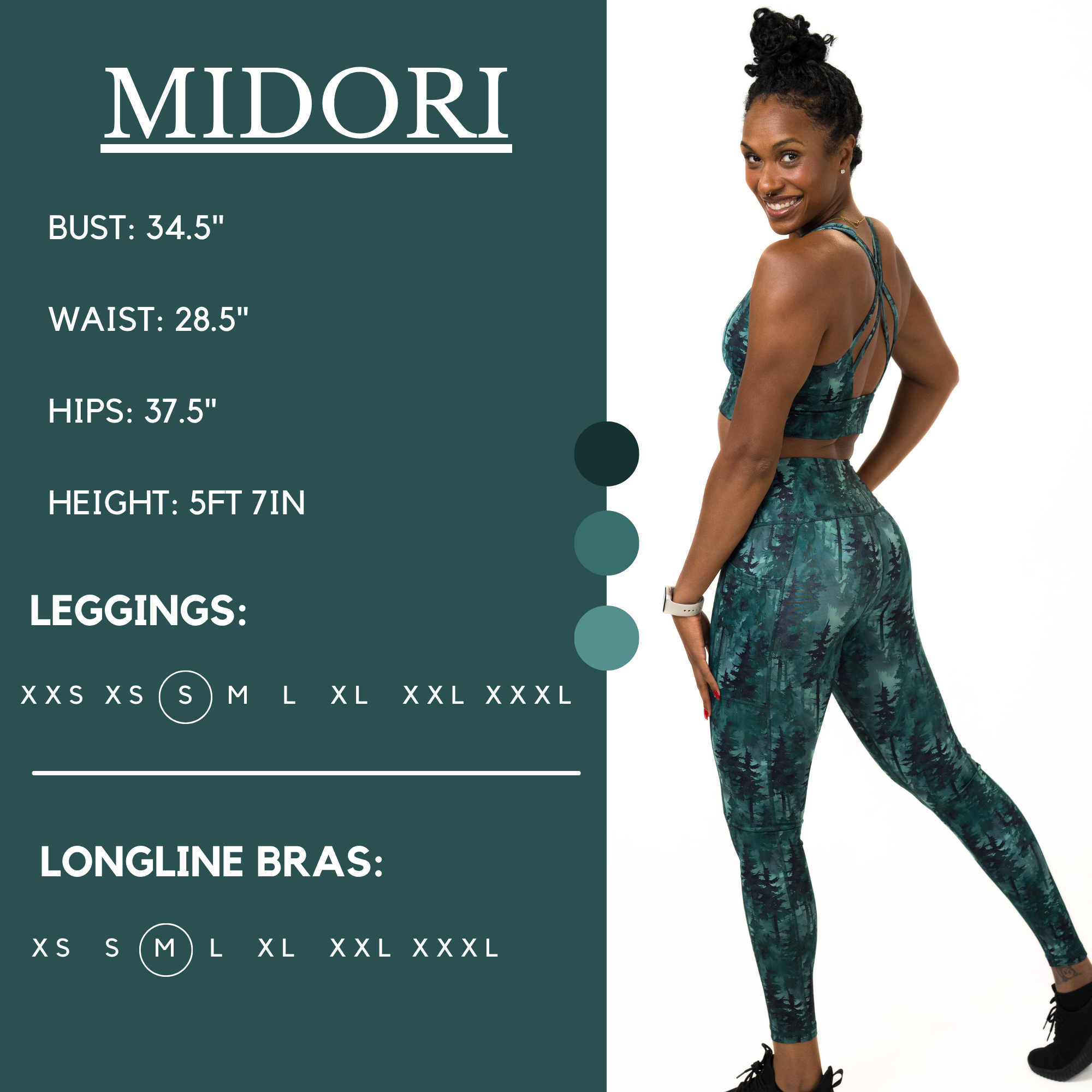 Model’s measurements of 34.5” bust, 28.5” waist, 37.5” hips and height of 5 ft 7 inches. She is wearing a size small in our leggings