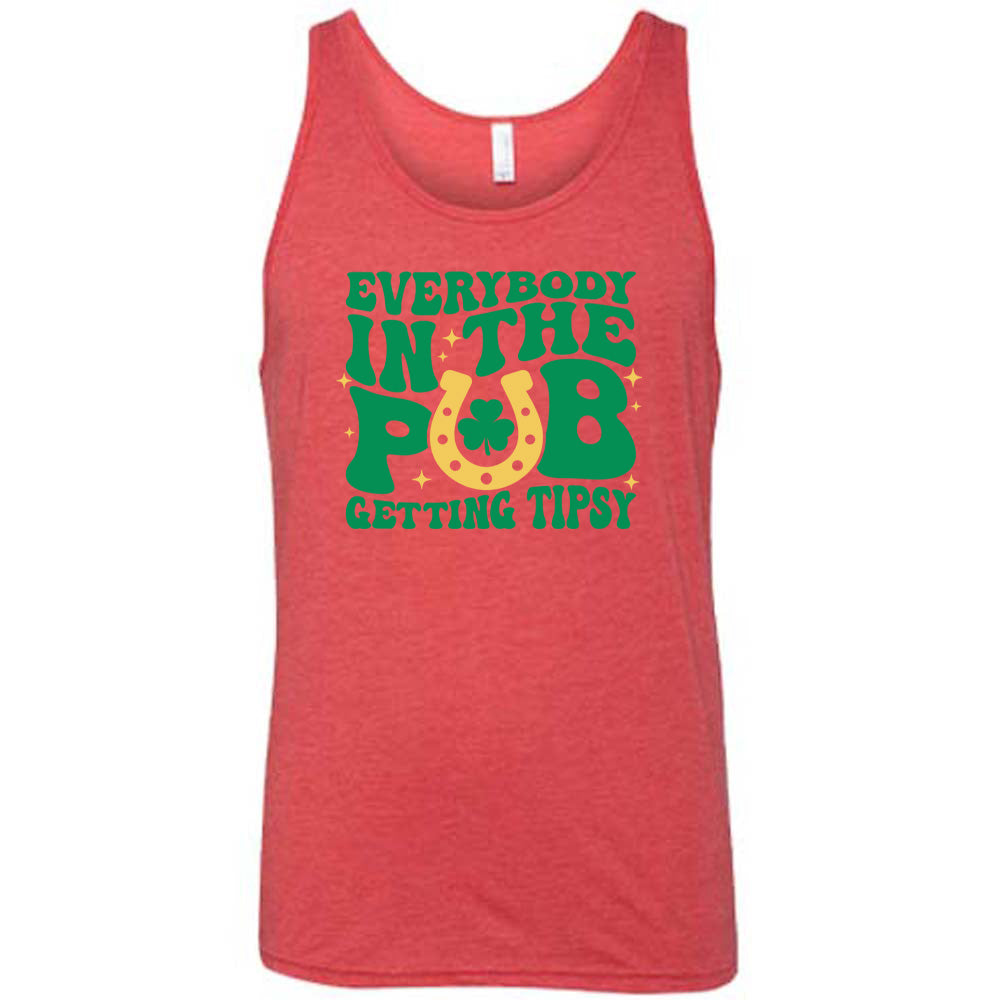 red shirt with the quote "Everybody In The Pub Getting Tipsy" on it