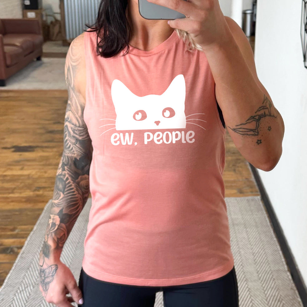 peach muscle tank with cat rolling eyes graphic on it that says "ew, people"