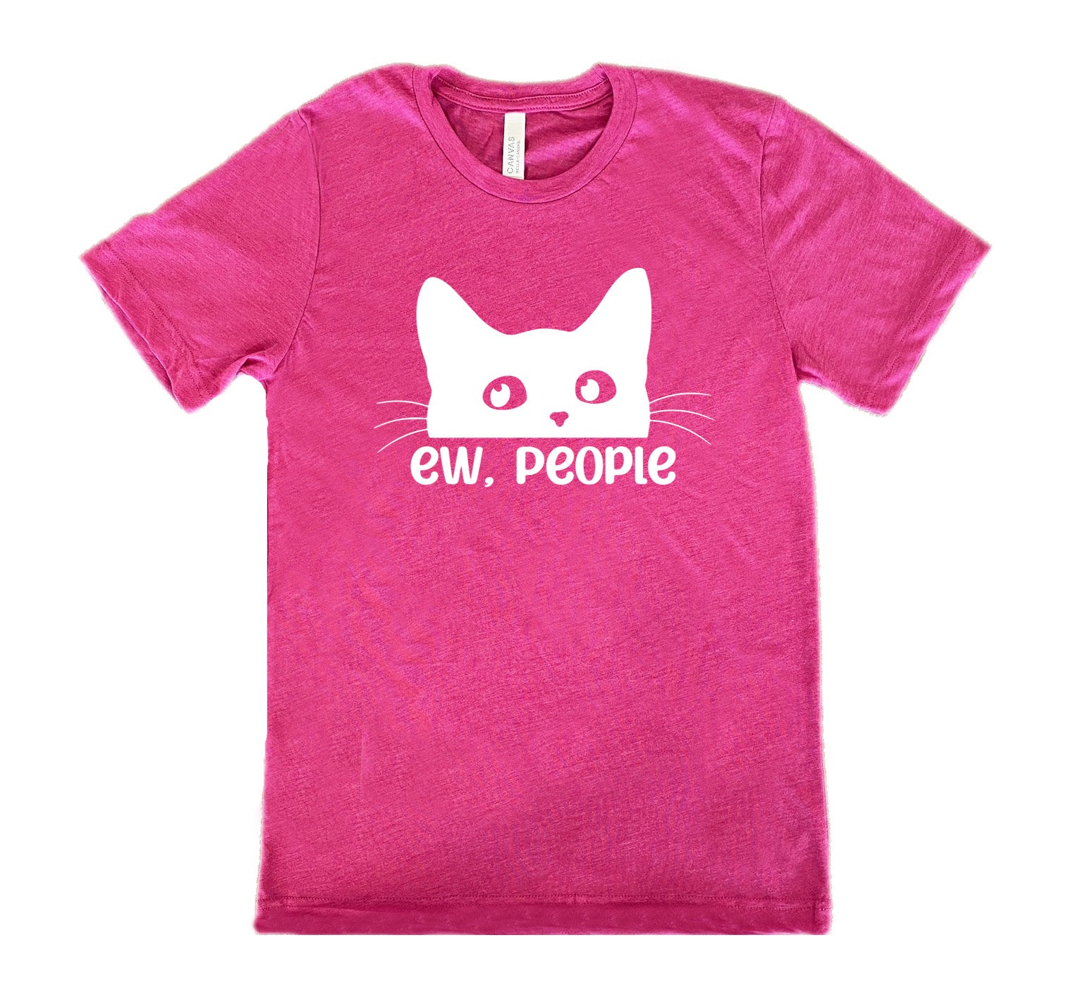 Berry colored shirt with cat rolling eyes graphic on it that says "ew, people"