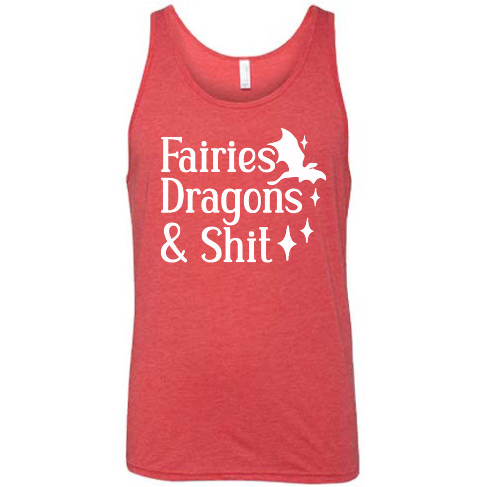 red unisex tank with the words "fairies dragons & shit" on it, with the small graphic of a dragon and a few stars