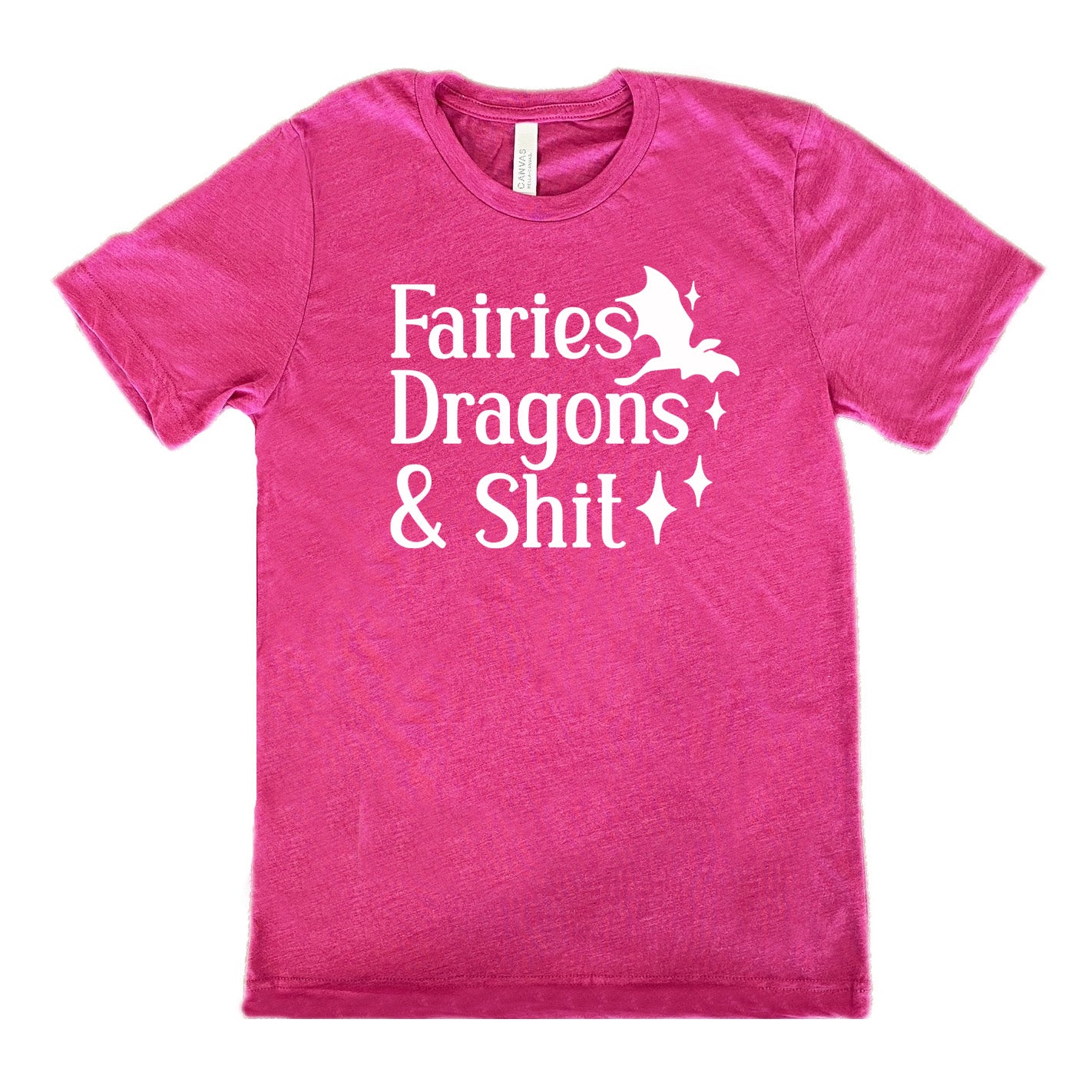 berry unisex tee with the words "fairies dragons & shit" on it, with the small graphic of a dragon and a few stars