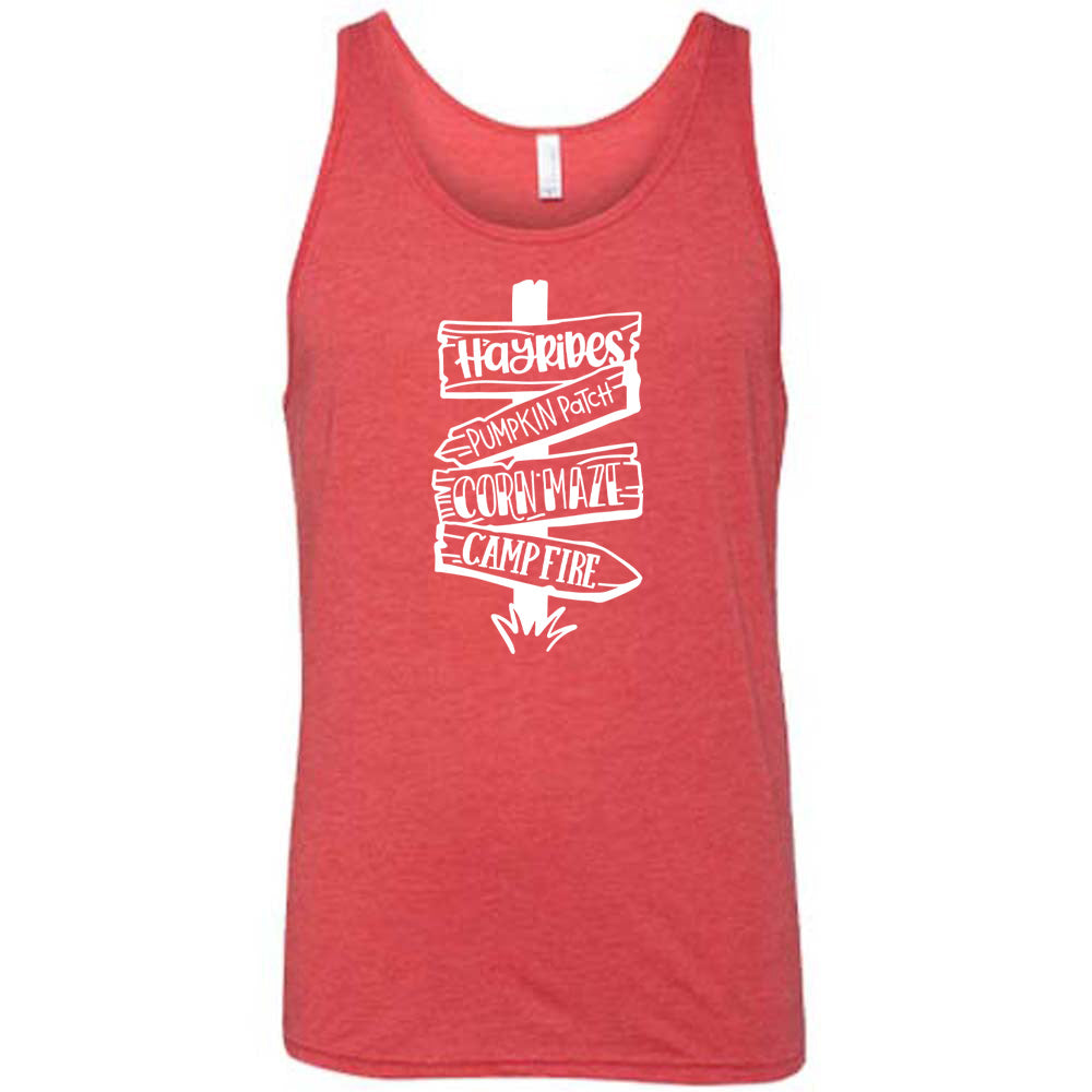 Red colored tank with fall activities signpost graphic on it that says "Hayrides, Pumpkin Patch, Corn Maze, Campfire"