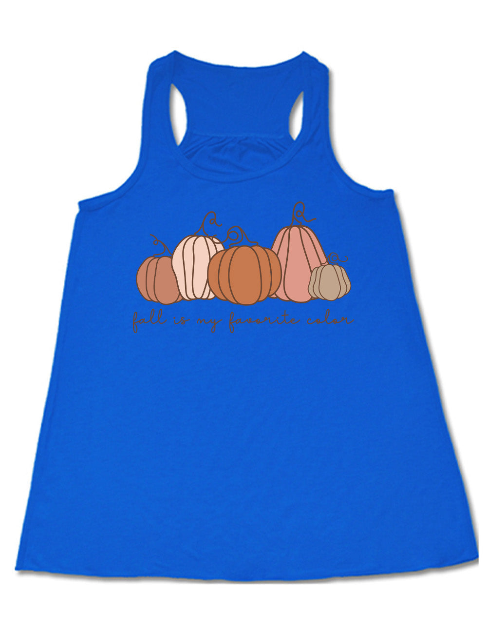 blue flowy racerback tank with the graphic of five pumpkins of varied shape and color, and the small words underneath saying "fall is my favorite color"