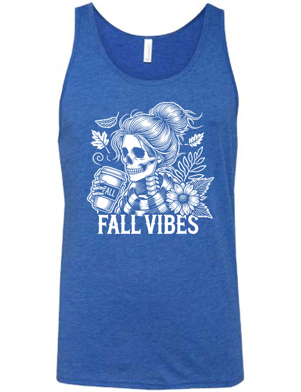 blue unisex tank with the graphic of a skeletal woman, with her hair in a bun, holding a takeaway coffee cup labeled "fall", with a flower and leaves next to her, and the words underneath saying "fall vibes"