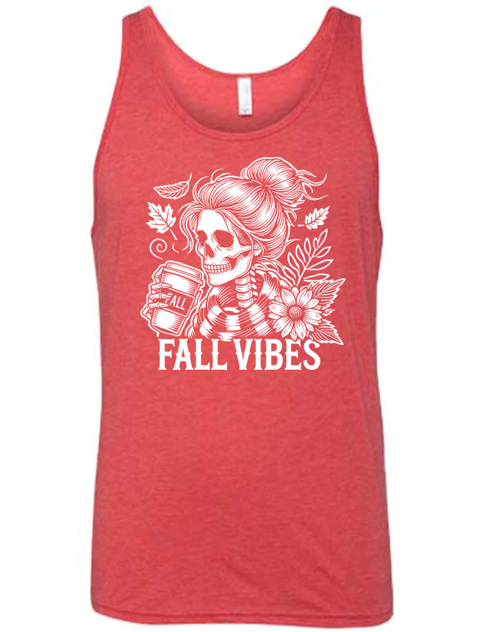 red unisex tank with the graphic of a skeletal woman, with her hair in a bun, holding a takeaway coffee cup labeled "fall", with a flower and leaves next to her, and the words underneath saying "fall vibes"