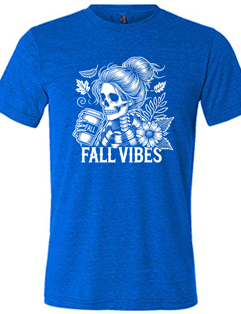 blue unisex tee with the graphic of a skeletal woman, with her hair in a bun, holding a takeaway coffee cup labeled "fall", with a flower and leaves next to her, and the words underneath saying "fall vibes"