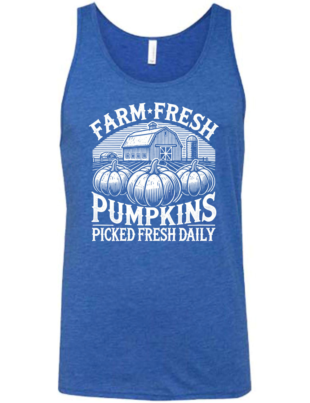 blue unisex tank with the words "farm fresh pumpkins picked fresh daily" around the graphic of a barn in the background and three pumpkins in the foreground