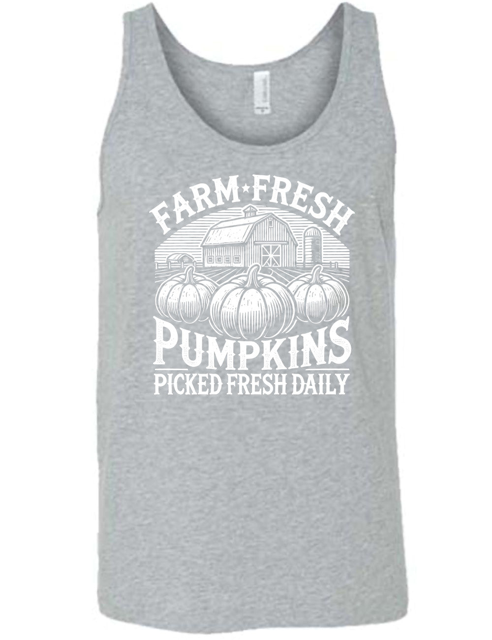 grey unisex tank with the words "farm fresh pumpkins picked fresh daily" around the graphic of a barn in the background and three pumpkins in the foreground
