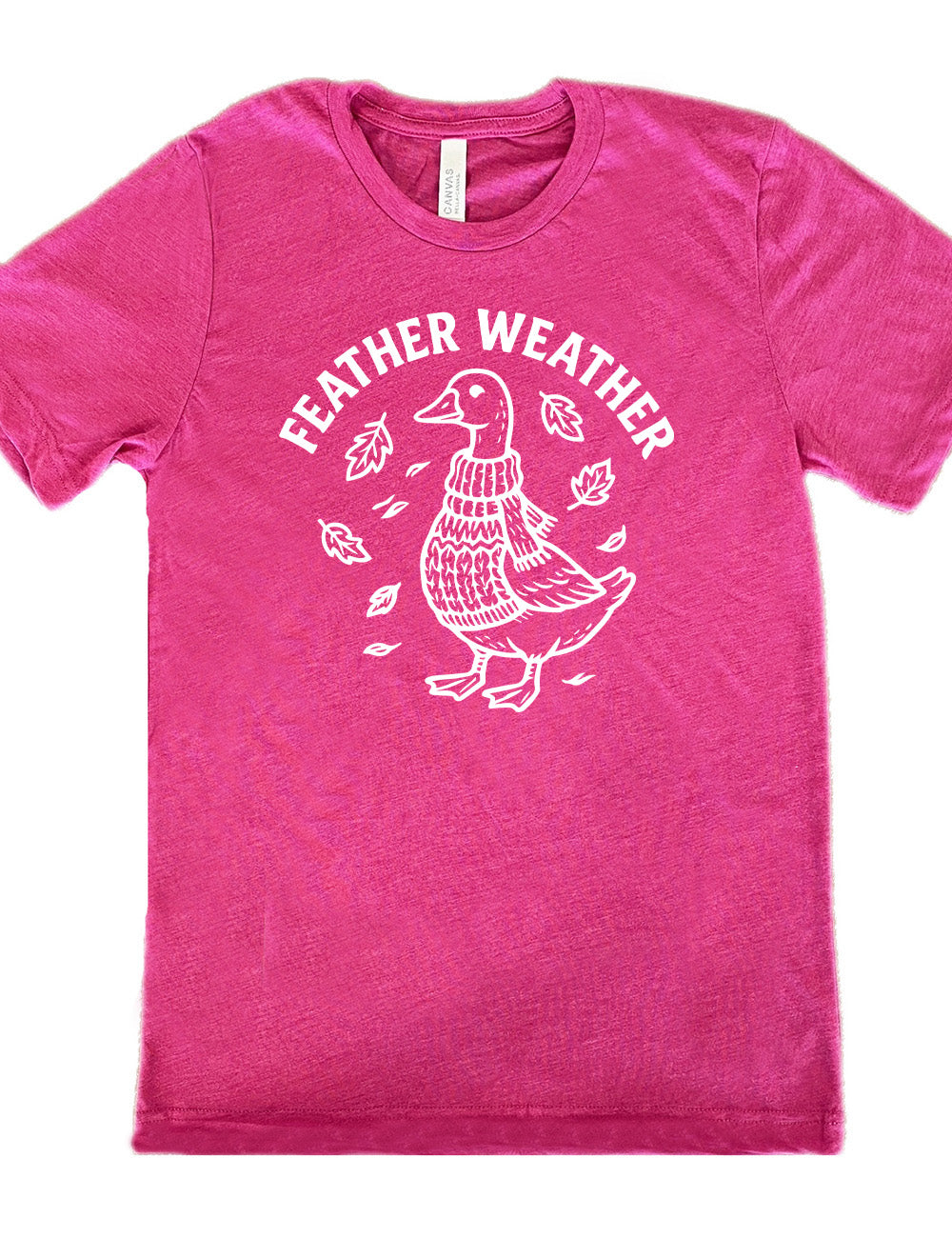 berry unisex tee with the graphic of a goose, wearing a scarf and sweater, surrounded by falling leaves, and the words arched over it saying "feather weather"