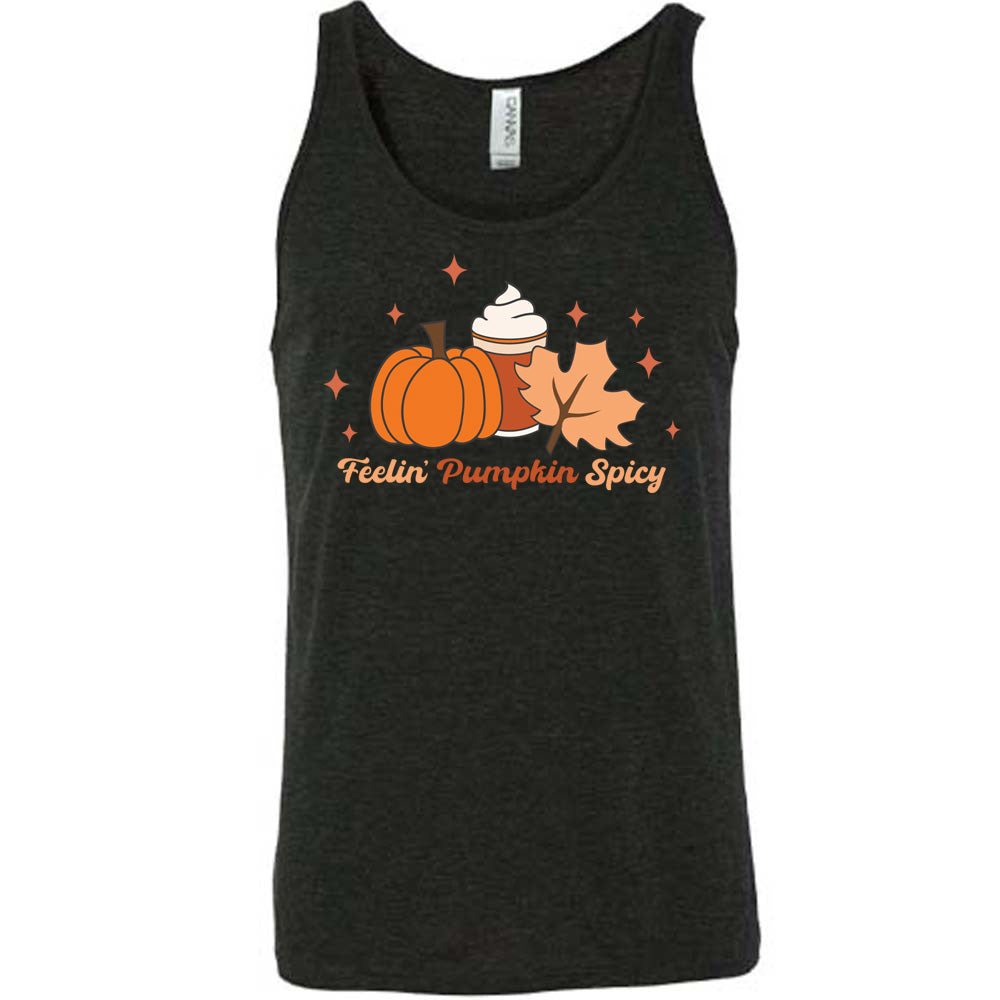 Black colored tank with pumpkin, coffee, and fall leaf graphic on it that says "Feelin' Pumpkin Spicy"