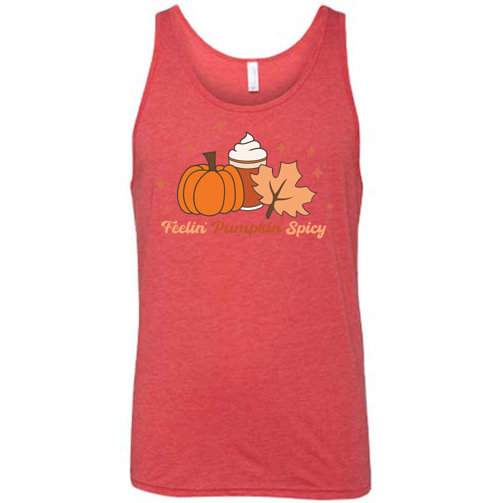Red colored tank with pumpkin, coffee, and fall leaf graphic on it that says "Feelin' Pumpkin Spicy"