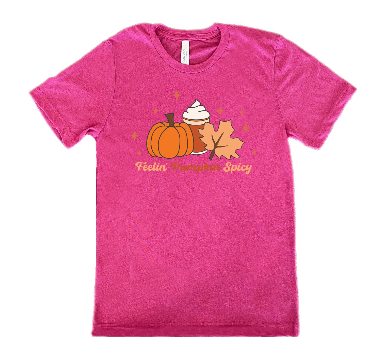 Berry colored shirt with pumpkin, coffee, and fall leaf graphic on it that says "Feelin' Pumpkin Spicy"