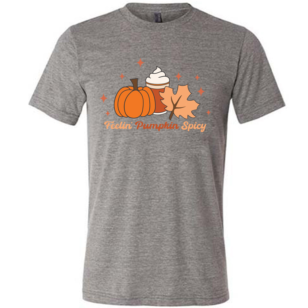Grey colored shirt with pumpkin, coffee, and fall leaf graphic on it that says "Feelin' Pumpkin Spicy"