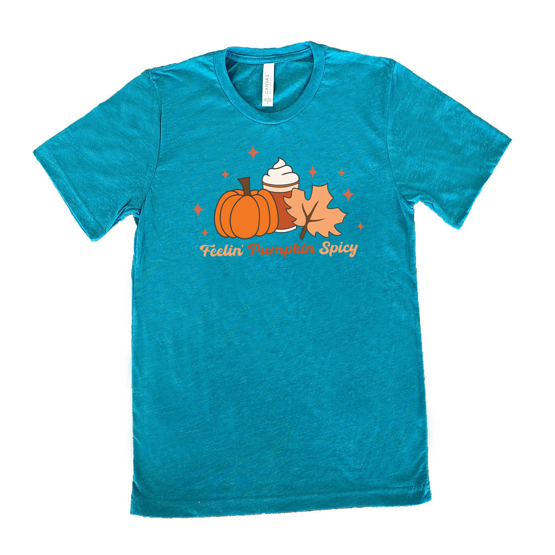 Teal colored shirt with pumpkin, coffee, and fall leaf graphic on it that says "Feelin' Pumpkin Spicy"