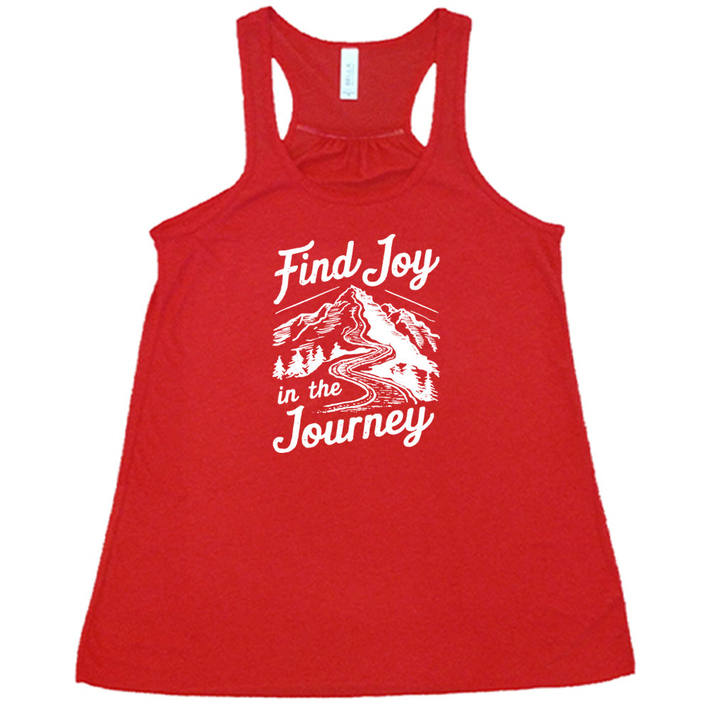 Red colored flowy tank with a mountain road graphic on it that says "Find Joy In The Journey"