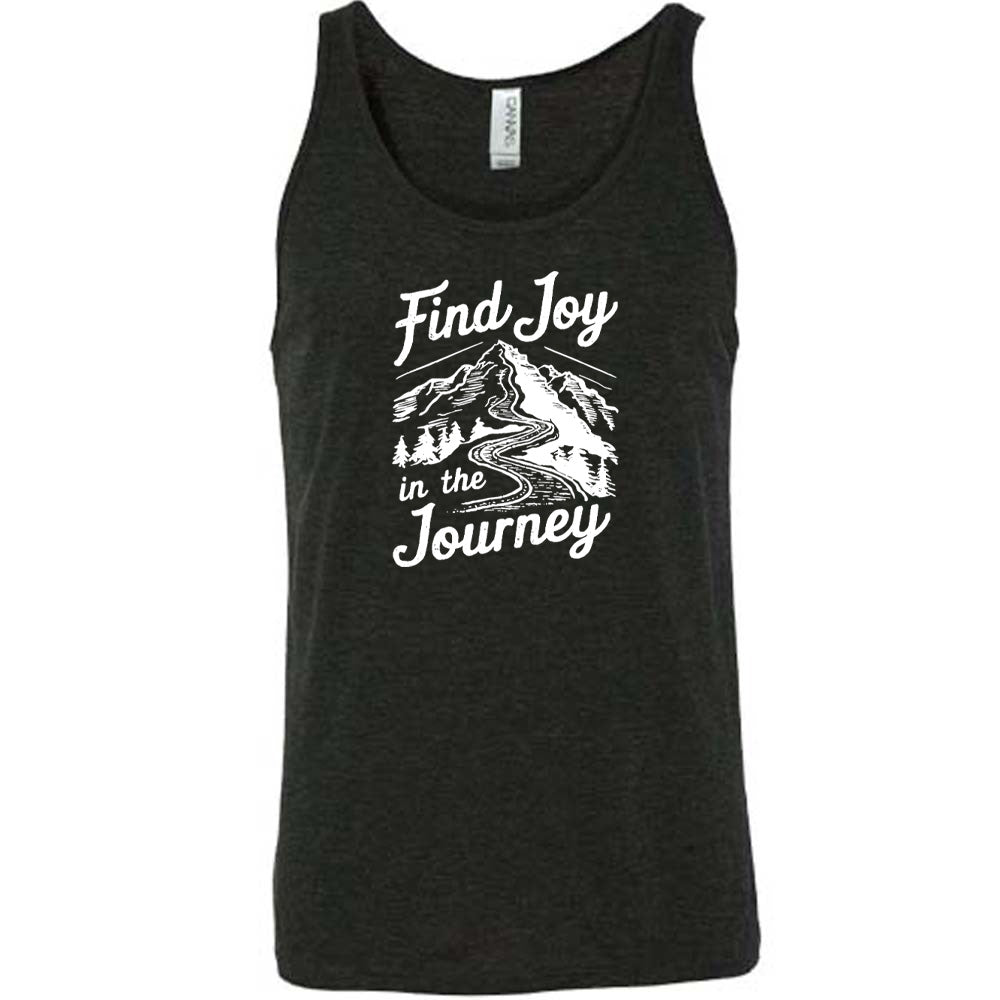 Black colored tank with a mountain road graphic on it that says "Find Joy In The Journey"