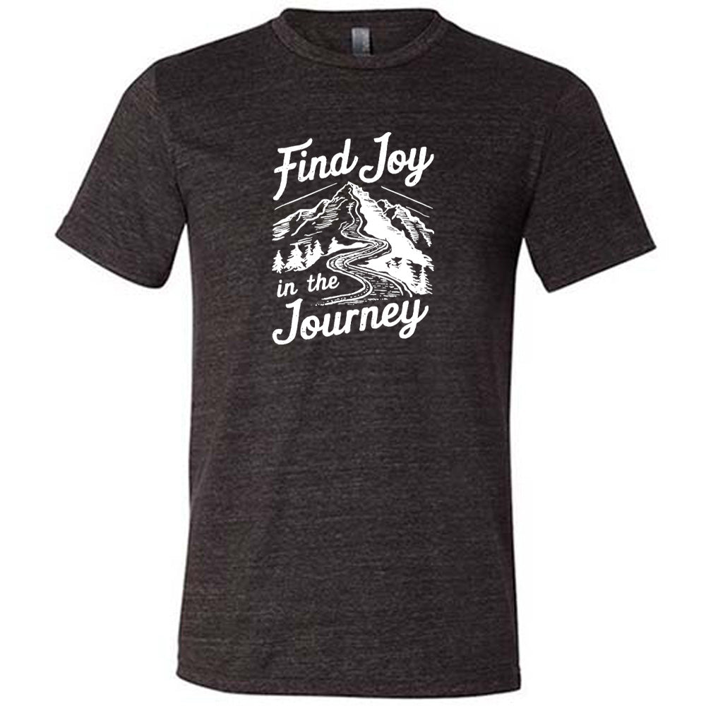 Black colored shirt with a mountain road graphic on it that says "Find Joy In The Journey"