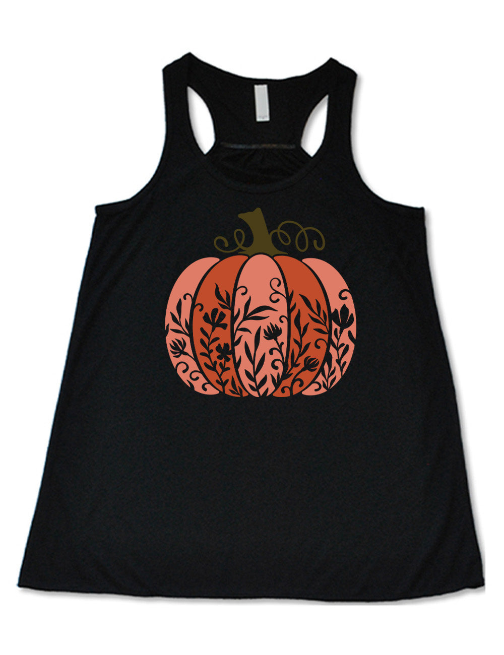 black flowy racerback tank with the colorful graphic of a pumpkin, with vines in silhouette on it