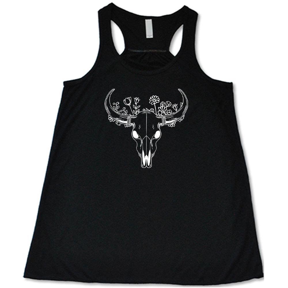 Black colored flowy tank with a floral cow skull graphic on it