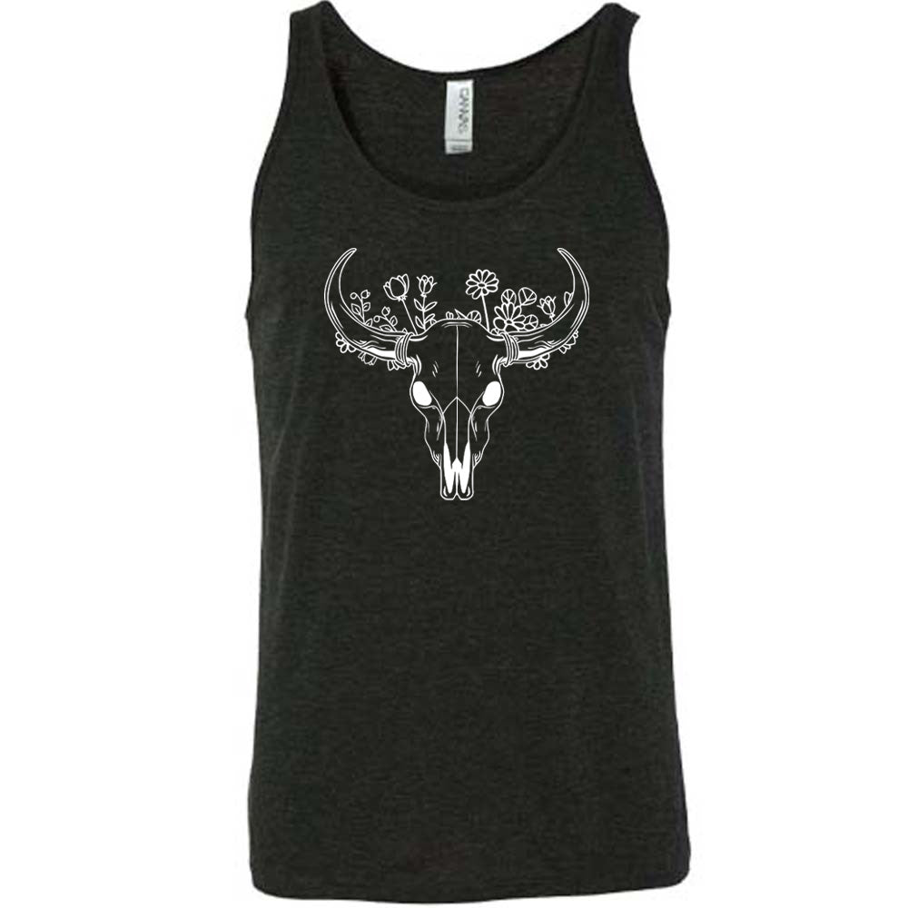 Black colored tank with a floral cow skull graphic on it