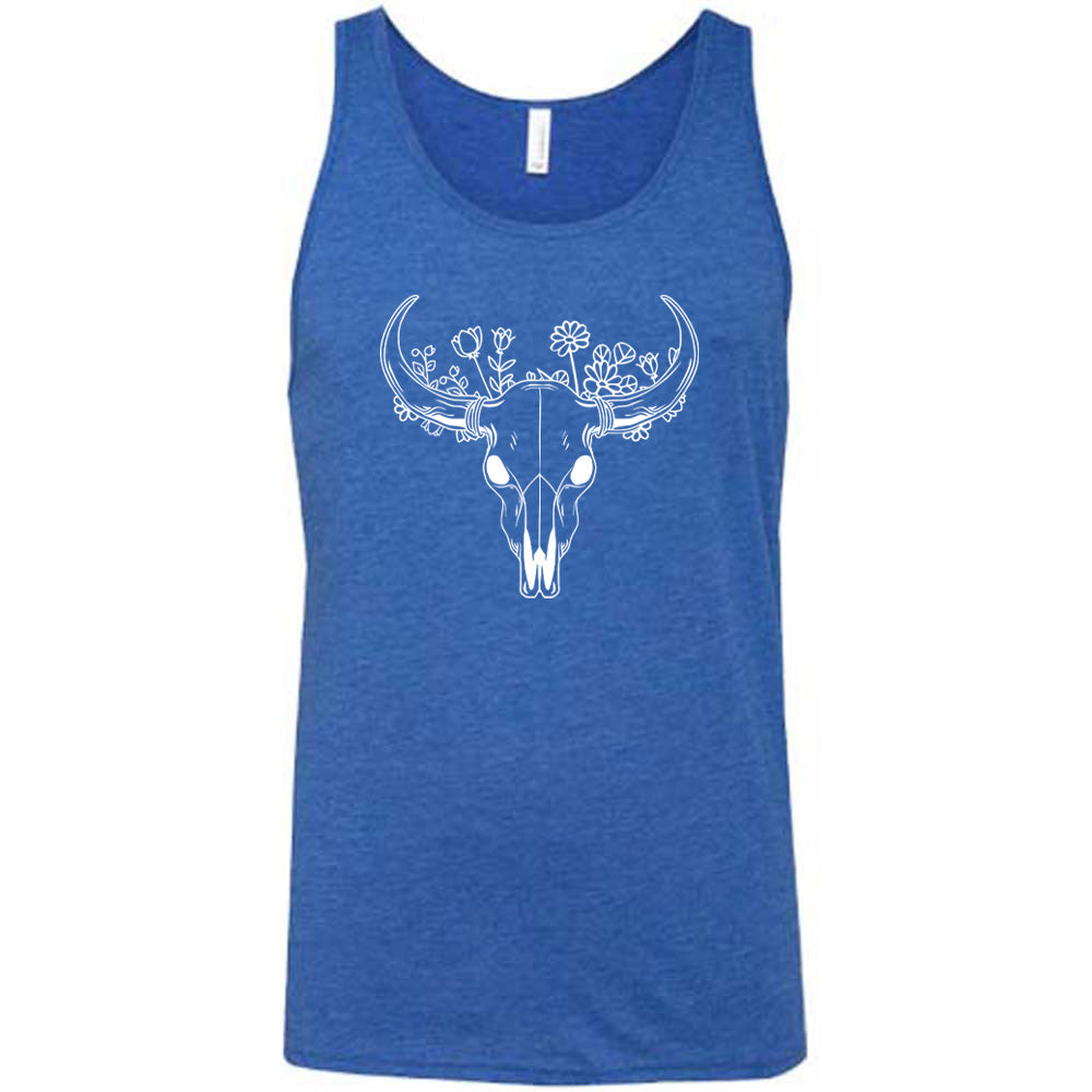 Blue colored tank with a floral cow skull graphic on it