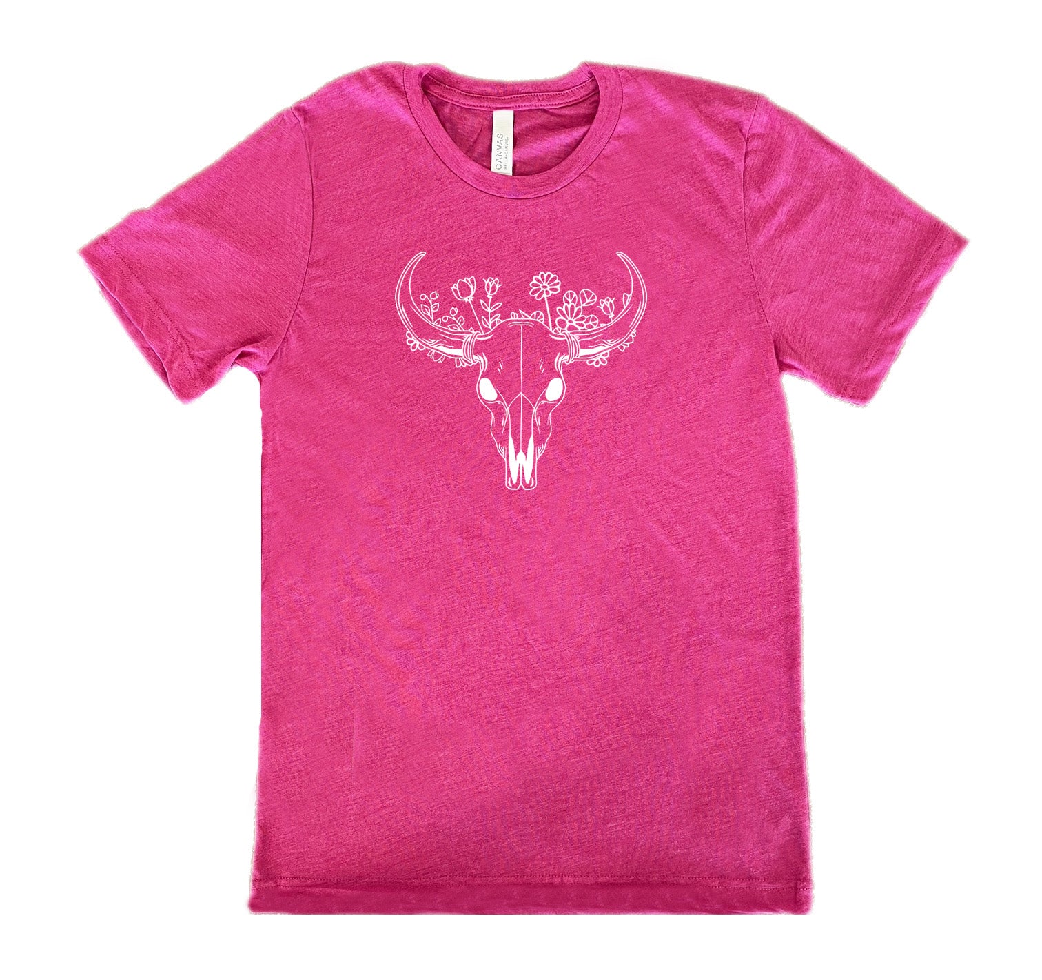 Berry colored shirt with a floral cow skull graphic on it
