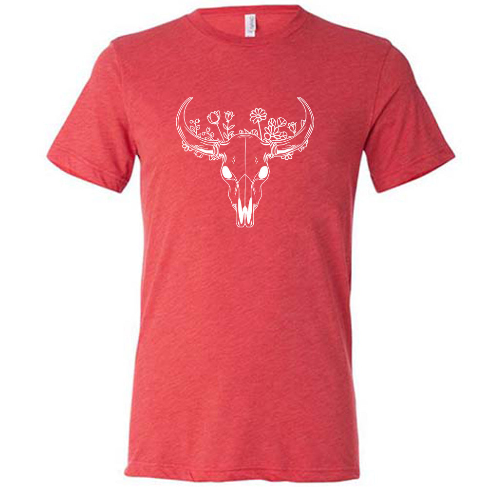 Red colored shirt with a floral cow skull graphic on it