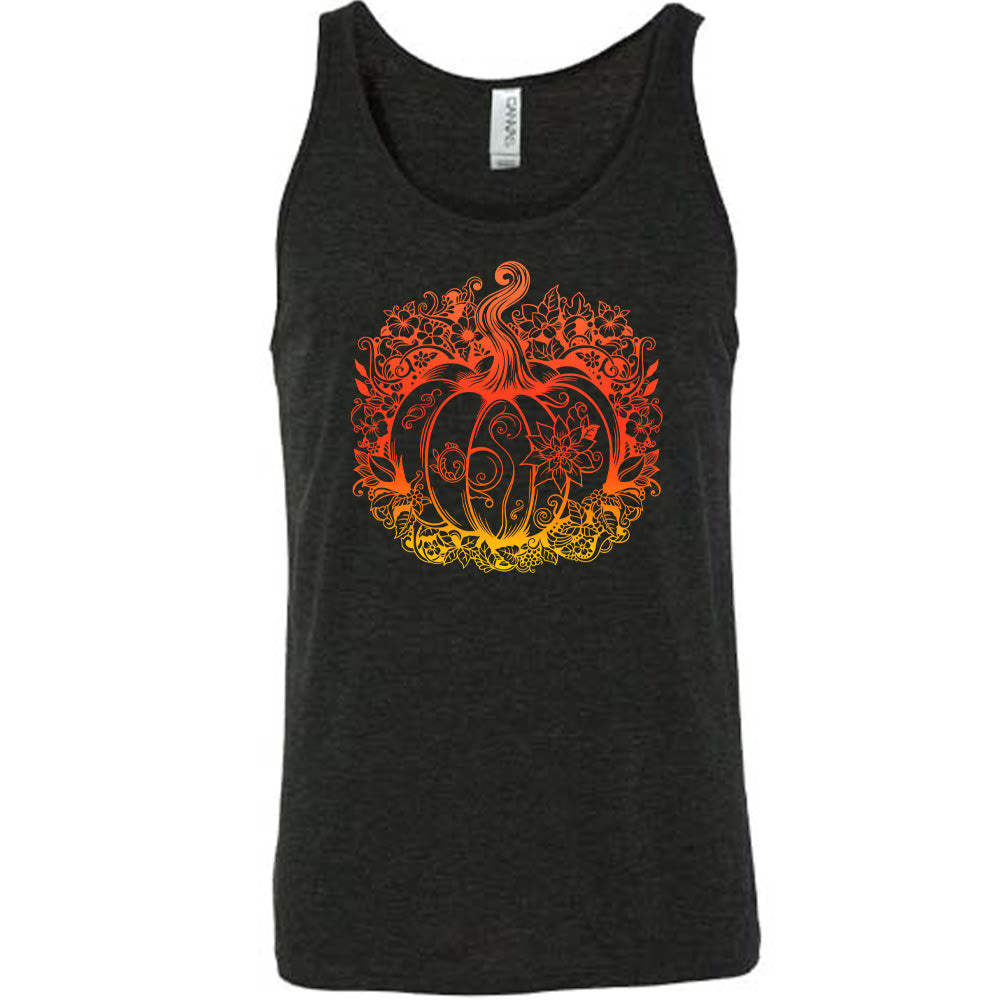 Black colored tank with floral detailed pumpkin graphic on it