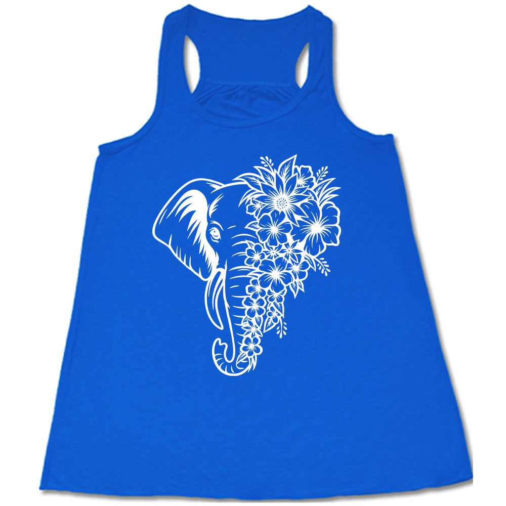 blue racerback tank with the graphic of an elephant's head, with half of its head made up only of tropical flowers
