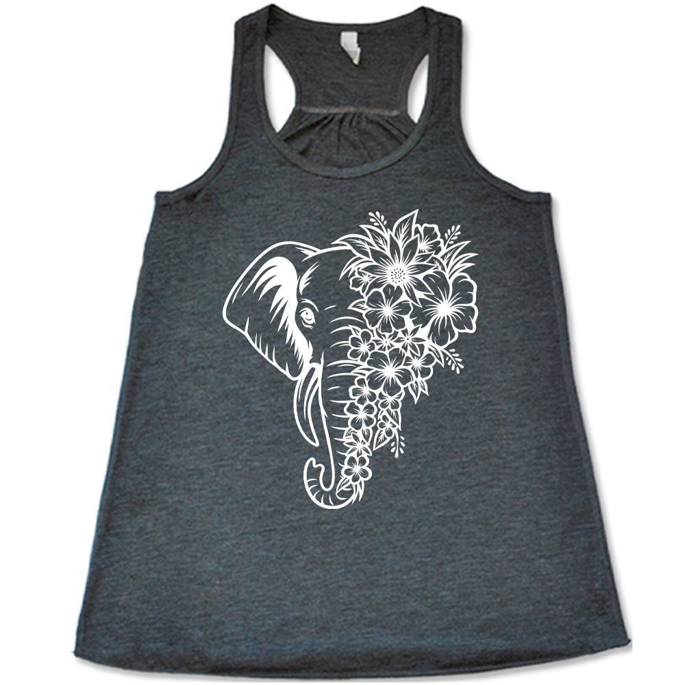 grey racerback tank with the graphic of an elephant's head, with half of its head made up only of tropical flowers