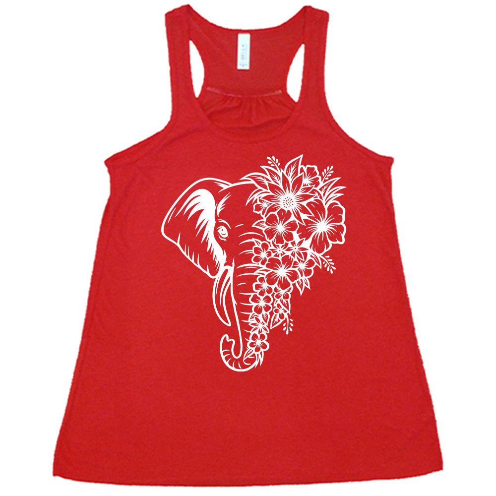 red racerback tank with the graphic of an elephant's head, with half of its head made up only of tropical flowers